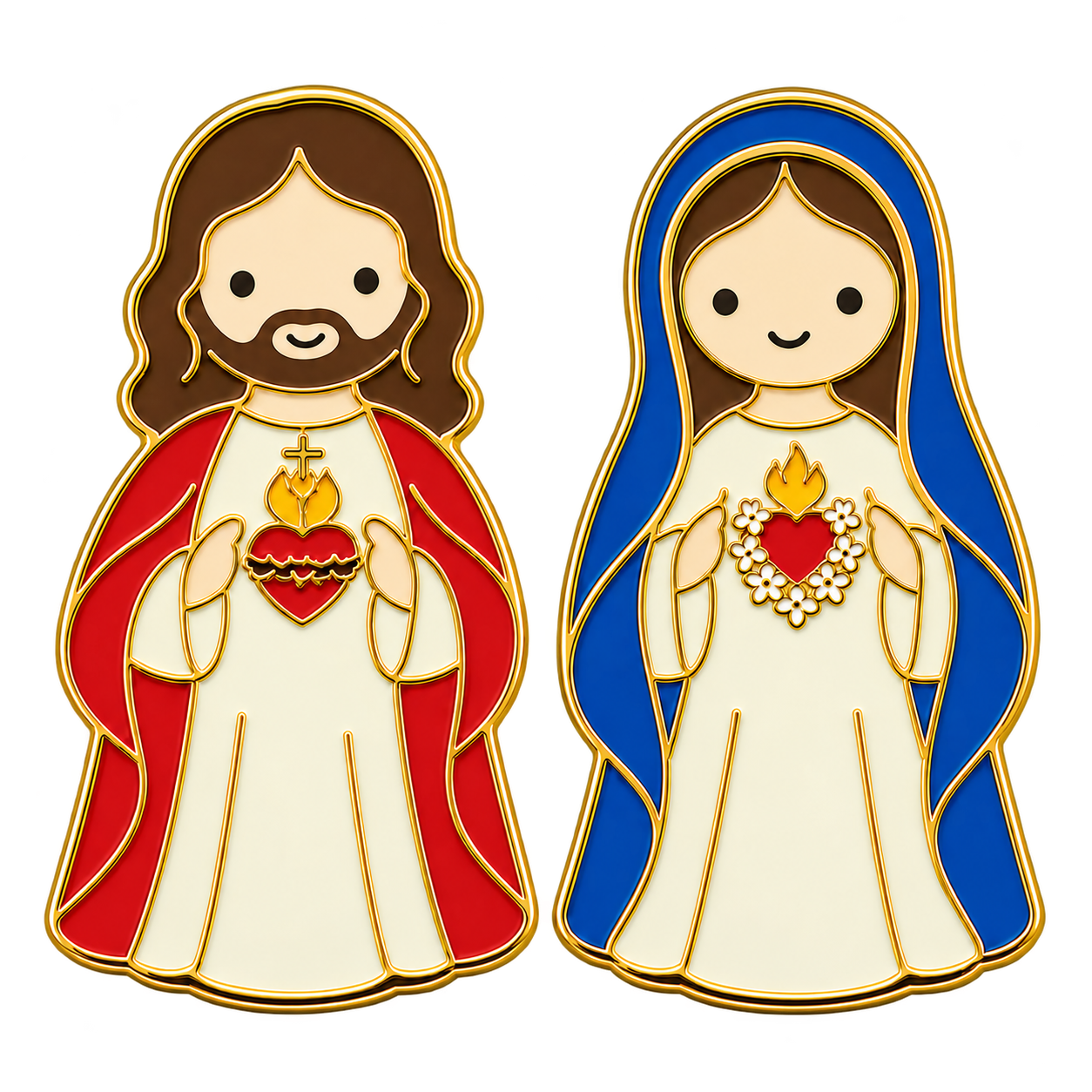 Sacred Heart Jesus and Immaculate Heart Mary enamel pins with gold outlines, red and blue cloaks